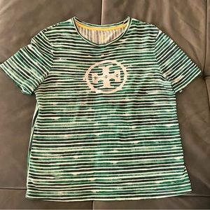Tory Burch striped tee. Green/navy/white. Size Small, but is oversized. Like new